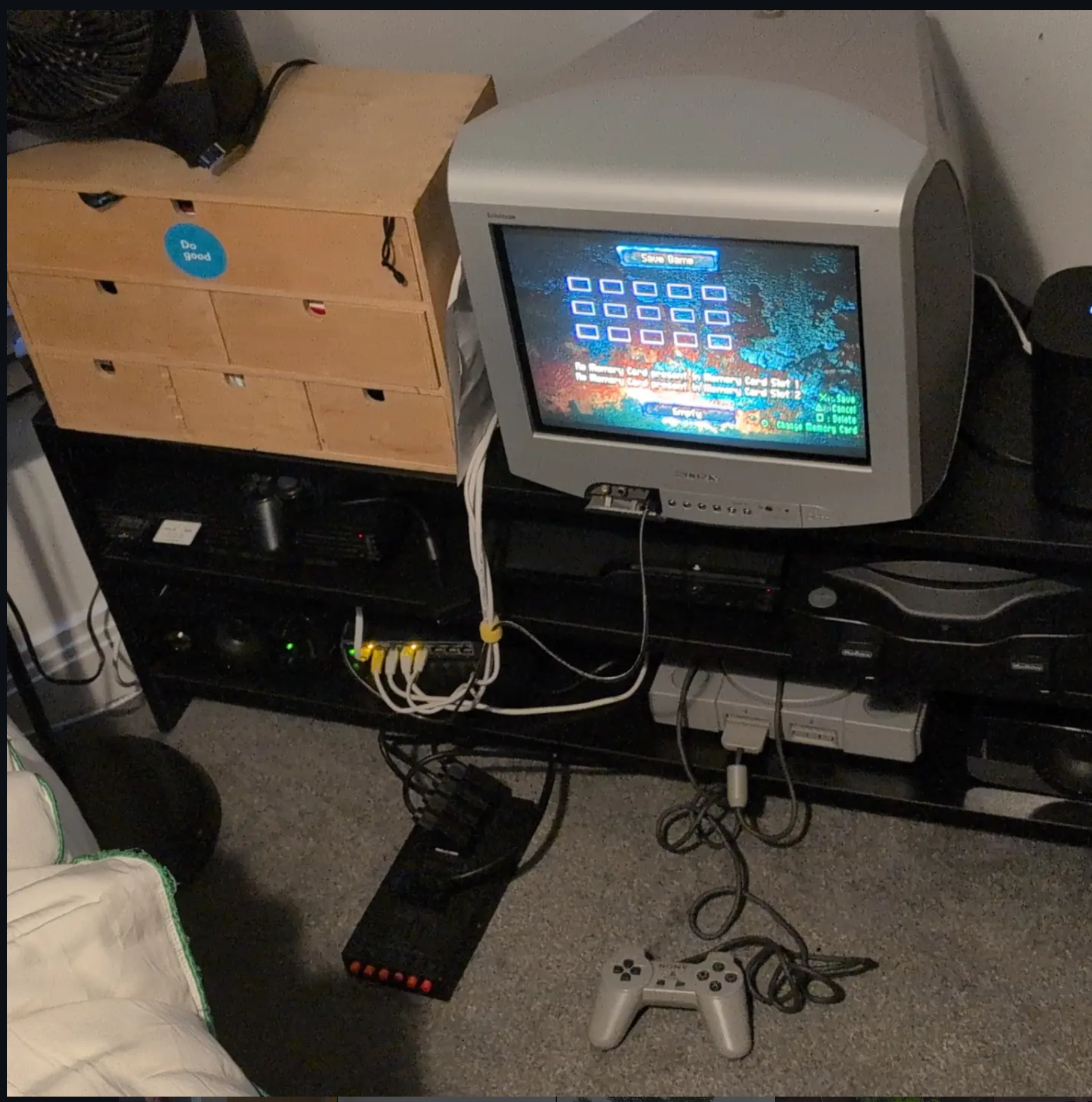 CRT Console Station current setup showing lots of retro consoles and an old-school CRT.